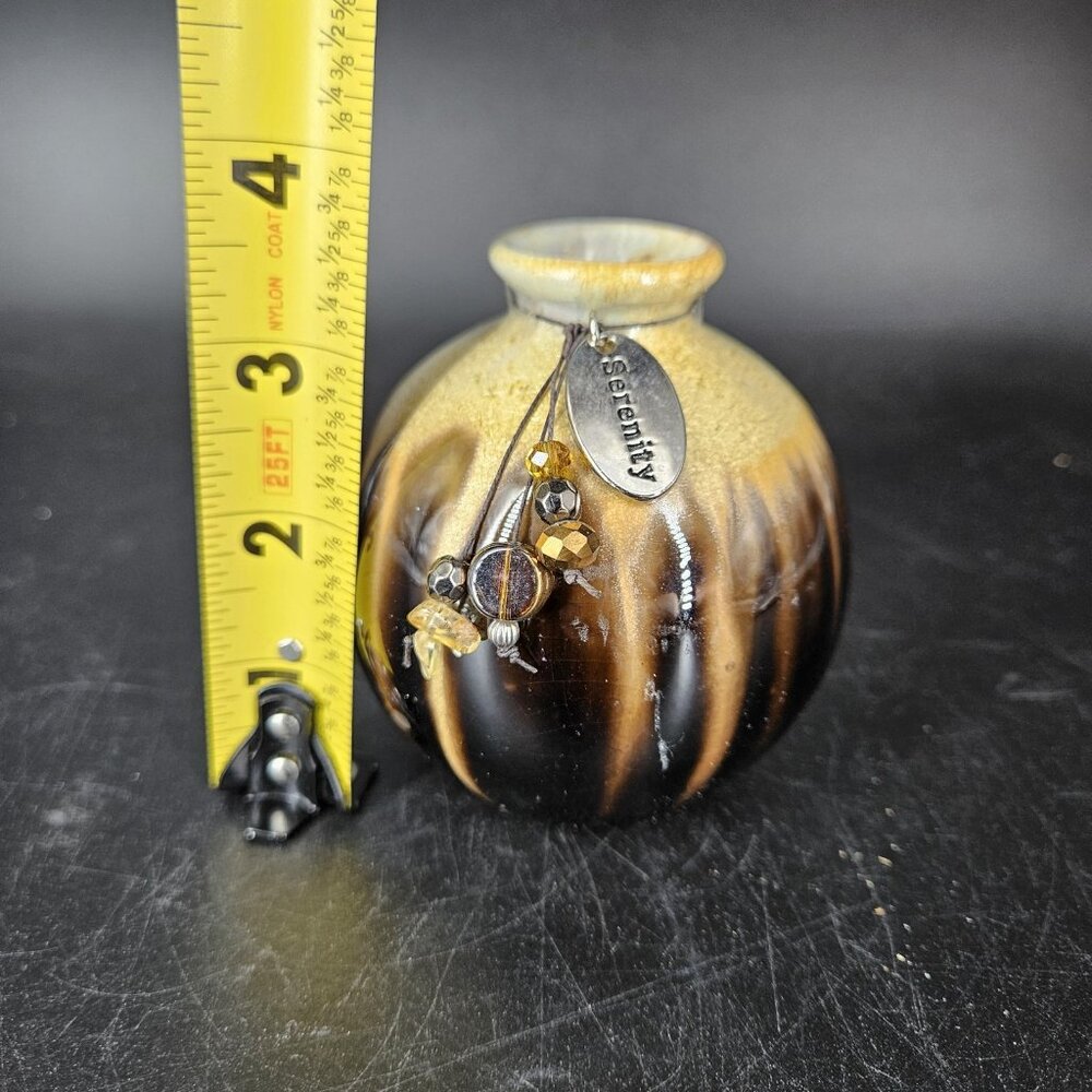 Ceramic Bud Vase Drip Glaze Brown Black Tan Mini Round Serenity Charm Incense 3" - Picture 9 of 10